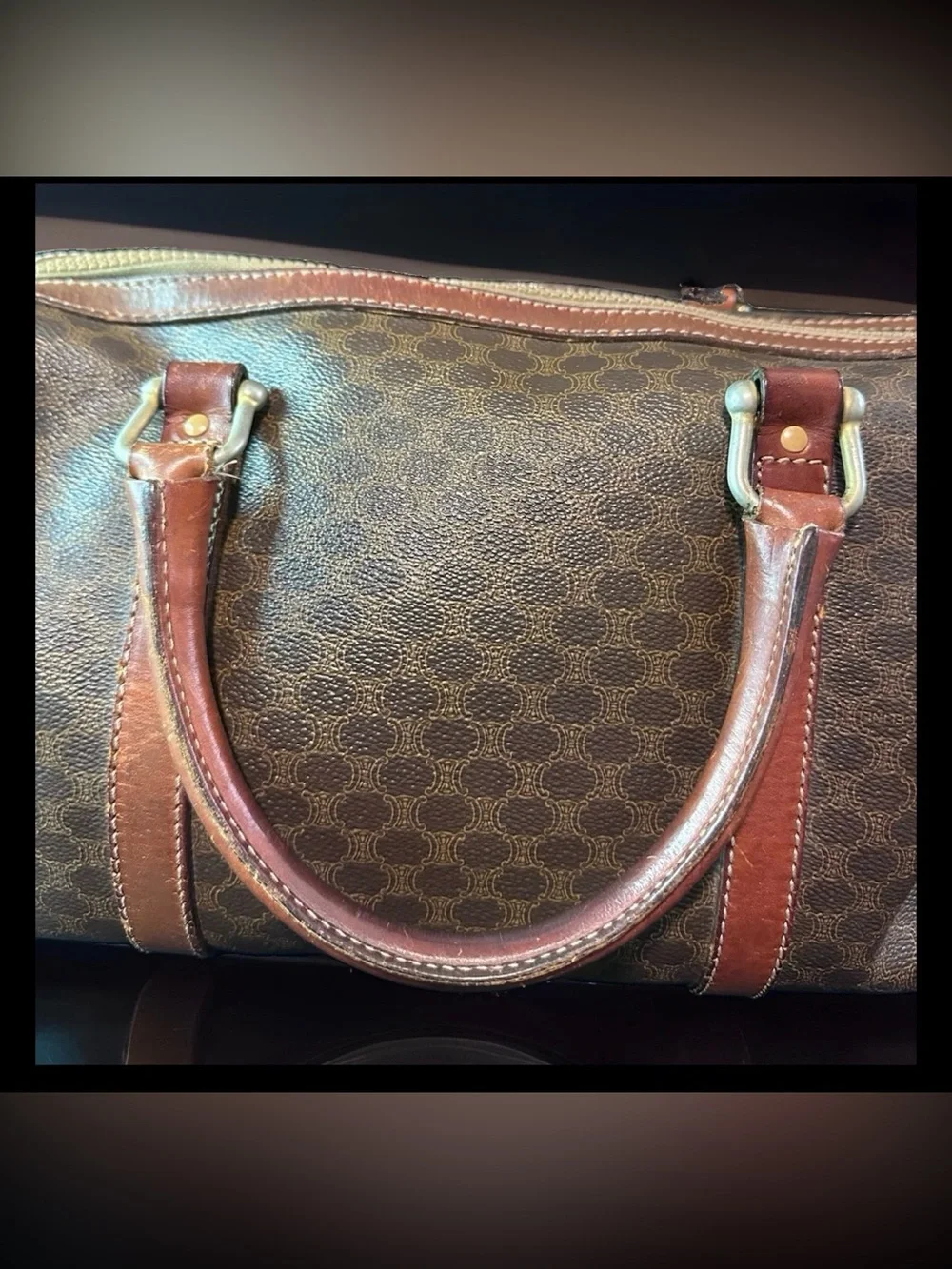 CELINE Brown Logo Satchel/Boston Handbag Zip Closure